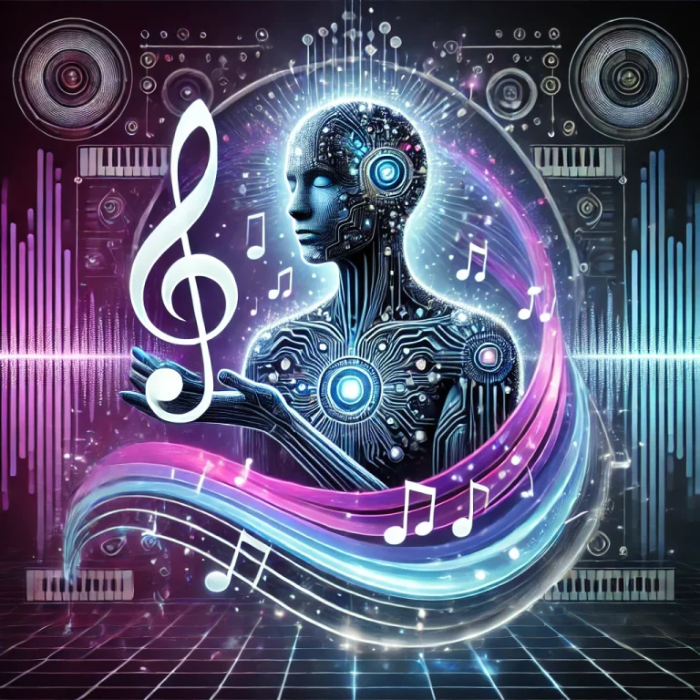DALL·E 2024-12-10 18.22.16 – A futuristic and visually striking artwork representing the concept of ‘Music meets AI.’ The design features a glowing, humanoid AI figure made of dig
